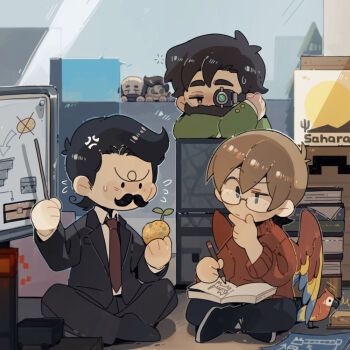 5boys animification artificial_eye beard bird bird_boy bird_wings black_hair blue_eyes book brown_eyes brown_hair chibi chibi_only commentary cubfan135 english_commentary facial_hair formal_clothes glasses goodtimeswithscar green_jacket grian_(youtuber) hermitcraft holding iskall85 jacket jellie_(hermitcraft) luminous_slime male_focus mechanical_eye minecart minecraft minecraft_youtube multiple_boys mumbo_jumbo_(youtuber) mustache parrot parrot_boy potato red_sweater short_hair sitting suit sweater whiteboard wings