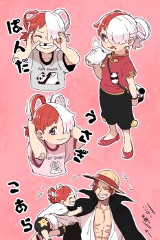 +++ 1boy 1girl :q aged_down bandaid bandaid_on_arm bite_mark child father_and_daughter food food_on_face grin hair_over_one_eye hair_rings highres holding holding_food looking_at_viewer missing_tooth motion_lines multicolored_hair multiple_views one_piece outline pink_background purple_eyes red_hair shanks_(one_piece) smile split-color_hair steamed_bun tanaka_(tanakya123) tongue tongue_out uta_(one_piece) white_hair white_outline