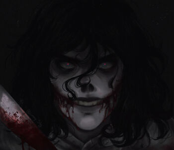Rule 34 | 1boy, :d, bags under eyes, black background, black hair, blood, blood from mouth, bloody knife, blue eyes, bright pupils, colored skin, commentary, creepypasta, dark, double-parted bangs, english commentary, glasgow smile, glowing, glowing eyes, grin, hair between eyes, highres, holding, holding knife, hood, hood down, hoodie, instagram username, jeff the killer, knife, limmysky, long hair between eyes, looking at viewer, male focus, medium hair, messy hair, open mouth, portrait, realistic, red pupils, simple background, smile, solo, straight-on, v-shaped eyebrows, white hoodie, white skin
