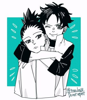 1boy 1girl aqua_background boruto:_naruto_next_generations commentary_request earrings frown greyscale_with_colored_background highres hug hug_from_behind jacket jewelry nara_shikadai naruto_(series) one_eye_closed onka_(aun_ka28) sarutobi_mirai short_hair smile stud_earrings topknot twitter_username vest