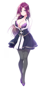 1girl alternate_breast_size blue_eyes bra bra_peek breast_growth breasts cleavage floral_print floral_print_bra full_body high_heels highres huge_breasts lace lace-trimmed_bra lace_trim long_hair long_sleeves murasaki_yurika omega_labyrinth_life purple_bra purple_hair school_uniform simple_background thighhighs torn_bra torn_clothes u35 underwear very_long_hair white_background