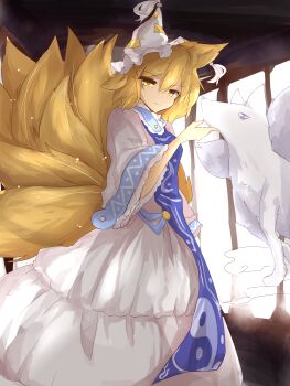 Rule 34 | 1girl, absurdres, animal ears, animal hat, blonde hair, dress, expressionless, female focus, fox, fox ears, fox tail, half-closed eyes, hat, hat with ears, highres, huang li ling, inari, indoors, light particles, long sleeves, looking at viewer, mob cap, multiple tails, short hair, sketch, solo, tabard, tail, tassel, touhou, white dress, wide sleeves, yakumo ran, yellow eyes, yin yang