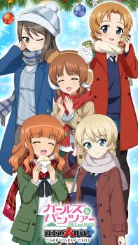 5girls alternate_costume animal_ears artist_request bear_ears black_pantyhose black_sailor_collar blonde_hair blue_eyes blue_jacket blue_skirt brown_eyes brown_hair brown_jacket can christmas_ornaments closed_eyes commentary_request darjeeling_(girls_und_panzer) earmuffs eating fake_animal_ears food girls_und_panzer green_jacket grey_jacket happy highres holding holding_can jacket keizoku_school_uniform long_hair mika_(girls_und_panzer) multiple_girls necktie nishizumi_miho official_alternate_costume official_art one_eye_closed ooarai_school_uniform open_mouth orange_hair orange_pekoe_(girls_und_panzer) pantyhose red_jacket red_scarf sailor_collar scarf school_uniform shirt short_hair skirt smile st._gloriana&#039;s_school_uniform standing takebe_saori white_scarf white_shirt
