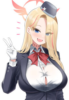 1girl black_hat blonde_hair blue_archive blue_eyes bow bowtie breasts button_gap cleavage garrison_cap gloves hair_over_one_eye halo hat highres large_breasts long_hair long_sleeves moredetale multicolored_hair official_alternate_costume pina_(blue_archive) pina_(guide)_(blue_archive) red_bow red_bowtie red_halo red_streaks shirt solo streaked_hair tour_guide upper_body white_gloves white_shirt
