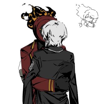 1girl 1other black_coat black_gloves clock coat coat_on_shoulders commentary_request dante_(limbus_company) faust_(project_moon) flaming_head gloves highres hug implied_kiss ivy_(675671) lapels limbus_company long_sleeves necktie notched_lapels object_head project_moon red_coat red_necktie short_hair simple_background white_background white_hair