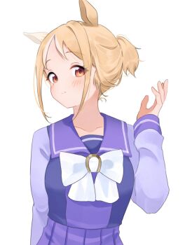 Rule 34 | 1girl, alternate hairstyle, animal ears, blush, bow, bowtie, closed mouth, commentary request, hand up, highres, horse ears, horse girl, horseshoe ornament, katuko deluxe, long sleeves, looking at viewer, multicolored hair, narita top road (umamusume), orange eyes, ponytail, purple sailor collar, purple serafuku, purple shirt, purple skirt, sailor collar, sailor shirt, school uniform, serafuku, shirt, short hair, short ponytail, simple background, skirt, smile, solo, streaked hair, tracen school uniform, umamusume, umamusume: road to the top, upper body, white background, white bow, white bowtie, white streaks