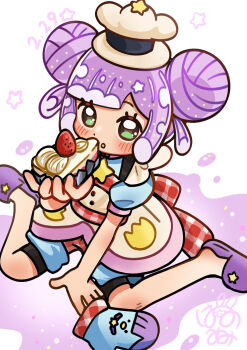 Rule 34 | 1girl, apron, blush, cake, cake slice, chef hat, commentary request, double bun, food, green eyes, hair bun, hat, highres, holding, holding food, kneeling, looking at viewer, pannomimi0301, parted lips, puffy short sleeves, puffy sleeves, puniru (puniru wa kawaii slime), puniru wa kawaii slime, purple hair, short sleeves, shorts, solo, tentacle hair, white apron, white hat