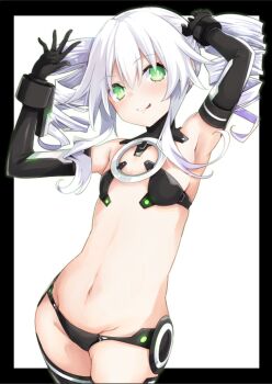 1girl armpits arms_up black_border black_gloves black_sister black_sister_(next-gen_cradle) black_thighhighs blush border commentary_request drill_hair elbow_gloves gloves green_eyes groin hair_between_eyes iwashi_dorobou_-r- looking_at_viewer medium_hair navel neptune_(series) power_symbol power_symbol-shaped_pupils shiny_clothes smile solo symbol-shaped_pupils thighhighs tongue tongue_out twin_drills white_background white_hair