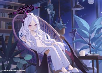 1girl blue_archive book bookshelf chair cup demon_horns demon_wings desk dress flat_chest halo highres hina_(blue_archive) horns icomochi long_hair looking_at_another official_art plant sandals solo twitter white_dress white_hair white_sandals wings