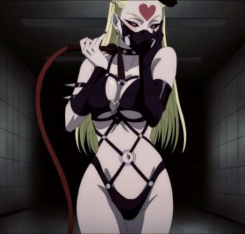 1girl anime_screenshot black_nails black_sclera blonde_hair blush breasts collar colored_sclera dominatrix earrings face_mask gloves heart heart_o-ring jewelry kaijin_hime_do-s mask navel o-ring one-punch_man pink_eyes revealing_clothes spikes third-party_edit whip
