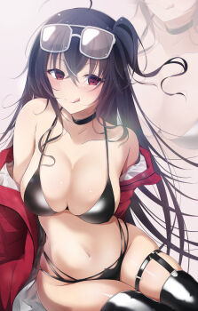 Rule 34 | 1girl, :q, absurdres, azur lane, bare shoulders, bikini, black bikini, black choker, black hair, black thighhighs, breasts, choker, cleavage, commentary request, crossed bangs, ex takehito, eyewear on head, glasses, hair between eyes, highres, jacket, large breasts, long hair, looking at viewer, official alternate costume, race queen, rectangular eyewear, red eyes, red jacket, simple background, swimsuit, taihou (azur lane), taihou (enraptured companion) (azur lane), thighhighs, tongue, tongue out, variant set, very long hair, zoom layer