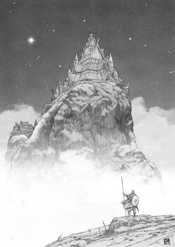 1boy artist_name building christian_sloan_hall fog graphite_(medium) highres house monochrome mountain night norse norse_mythology roman_numeral sky star_(sky) traditional_media viking