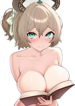 1girl absurdres animal_ears blush boobs_in_book_(meme) book breasts brown_hair closed_mouth crossed_bangs double-parted_bangs green_eyes hair_between_eyes hashtag-only_commentary hat highres holding holding_book indie_virtual_youtuber large_breasts looking_at_viewer meme nimi_nightmare nude nurse_cap one_side_up open_book rainenleaf short_hair simple_background solo tapir_ears tapir_girl upper_body virtual_youtuber white_background