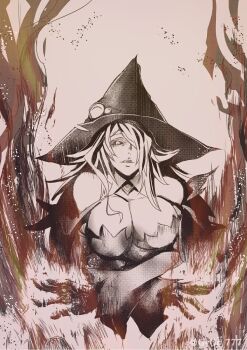 1girl arc_system_works black_sclera blazblue breasts cleavage colored_sclera hair_over_one_eye hat highres konoe_a._mercury large_breasts long_hair solo witch_hat