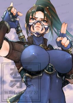 1girl blue_bodysuit bodysuit covered_erect_nipples drawing_sword high_ponytail holding holding_sword holding_weapon impossible_bodysuit impossible_clothes looking_at_viewer looking_down ponytail rosie_rosie solo soul_calibur standing sword taki_(soulcalibur) tight_clothes upper_body weapon