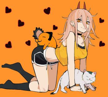 1girl absurdres all_fours black_choker black_shorts black_socks blonde_hair cat chainsaw chainsaw_man choker cross-shaped_pupils demon_girl demon_horns dolphin_shorts earrings heart highres horns jewelry long_hair meowy_(chainsaw_man) orange_background orange_eyes pochita_(chainsaw_man) power_(chainsaw_man) sailen0 shorts smile socks symbol-shaped_pupils tank_top yellow_tank_top