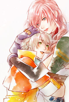 1boy 1girl azuiyo7210 black_sleeves commentary_request couple detached_sleeves final_fantasy final_fantasy_xiii fingerless_gloves gloves green_eyes grey_hair hair_between_eyes hair_over_shoulder hand_on_another&#039;s_head heads_together highres hope_estheim hug light_blush lightning_farron lips long_hair parted_lips pink_hair purple_gloves red_lips short_hair shoulder_pads sleeveless sleeveless_jacket sweater turtleneck turtleneck_sweater twitter_username upper_body