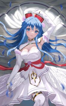 Rule 34 | 1girl, armpits, blue eyes, blue hair, blush, breasts, bride, cape, cleavage, closed mouth, dress, elbow gloves, fire emblem, fire emblem: the binding blade, fire emblem heroes, flower, gloves, hair flower, hair ornament, hat, highres, lilina (bridal) (fire emblem), lilina (fire emblem), long hair, looking at viewer, medium breasts, nintendo, official alternate costume, smile, solo, tarutaru193, thighhighs, wedding dress, white cape, white dress, white gloves, white thighhighs