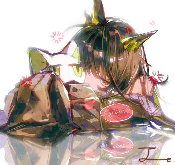 1girl anger_vein animal_ears arknights bare_shoulders black_hair black_jacket commentary green_eyes green_hair head_rest highres jacket jiezi0901 kal&#039;tsit_(arknights) leaning_on_table long_sleeves looking_at_viewer mon3tr_(arknights) reflection solo speech_bubble stuffed_animal stuffed_cat stuffed_toy symbol-only_commentary upper_body white_background