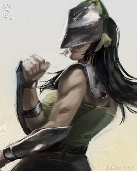 1girl absurdres armor artist_logo artist_name avatar:_aang_the_last_airbender avatar:_the_last_airbender avatar_legends biceps black_hair blind bracelet combat_helmet from_behind green_hairband hair_bun hairband helmet highres jewelry logo long_hair muscular muscular_female pants shoulder_armor single_hair_bun sleemonkv solo toph_beifong upper_body vambraces