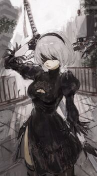 1girl 2b_(nier:automata) black_dress black_hairband blindfold boots breasts cleavage cleavage_cutout clothing_cutout covered_eyes dress feather-trimmed_sleeves feather_trim gloves hairband highres holding holding_sword holding_weapon juliet_sleeves katana leather leather_boots long_sleeves medium_breasts mole mole_under_mouth nier:automata nier_(series) outdoors puffy_sleeves ruins short_hair solo standing sword taki_(a313131333) thigh_boots thighhighs thighhighs_under_boots vambraces virtuous_contract weapon white_hair
