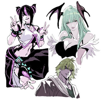 1boy 2girls bare_shoulders black_pants blonde_hair bracelet breasts brown_jacket cleavage clothing_cutout darkstalkers demon_wings double_v green_eyes green_hair hair_horns han_juri highres jacket jewelry ken_masters looking_at_viewer morrigan_aensland multiple_girls nobita_(makoto7060355) pants spiked_bracelet spikes street_fighter v white_background wings