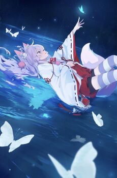 1girl afloat animal_ear_fluff animal_ears black_shorts blue_sky bug butterfly commentary feet_out_of_frame fox_ears fox_girl fox_tail furisode_sleeves hair_spread_out hakama hakama_skirt hand_up highres horizon insect japanese_clothes kosode long_hair long_sleeves lying naruwe030 night nontraditional_miko ocean on_back parted_lips purple_eyes purple_hair red_skirt shorts shorts_under_skirt skirt sky solo star_(sky) stellive striped_clothes striped_thighhighs symbol-only_commentary tail tenko_shibuki thighhighs virtual_youtuber water wide_sleeves