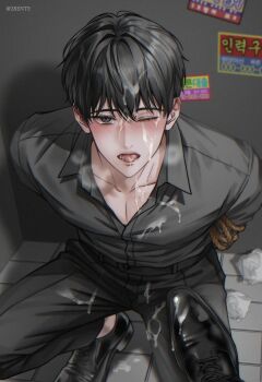 28ente 2boys bdsm black_eyes black_hair black_pants black_shirt bondage bound bound_wrists breath chair collared_shirt commentary_request cum cum_on_body facial flustered foot_on_another's_leg from_above highres kim_dokja korean_commentary looking_at_viewer male_focus multiple_boys omniscient_reader's_viewpoint pants pov shirt short_hair stepped_on tongue tongue_out yaoi yoo_joonghyuk