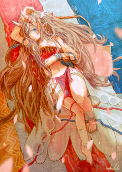 1girl ankle_garter aqua_nails arm_up armlet barefoot blue_eyes bracelet breasts carpet cleavage closed_mouth colored_eyelashes crop_top crossed_bangs falling_petals from_above full_body hair_over_one_eye hair_spread_out hand_on_own_stomach highres horns jewelry knee_up long_hair long_skirt looking_at_viewer lying medium_breasts midriff multiple_bracelets nail_polish navel navel_piercing on_back on_floor original petals piercing pink_petals pointy_ears red_horns red_loincloth red_tank_top sakai_raku showgirl_skirt sidelighting signature skirt solo striped_horns tank_top toenail_polish toenails turning_head very_long_hair white_horns white_skirt