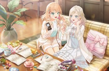 2girls :d aqua_eyes blue_eyes blue_shirt bow breasts brown_jacket brown_shorts candy cellphone ceras_yanagida_lilienfeld ceras_yanagida_lilienfeld_(summer_loungewear) chair chupa_chups coffee_mug collarbone couch cup dress dress_bow earbuds_charging_case earphones food frilled_dress frills game_cg grey_hair hair_ornament highres hinoshita_kaho hinoshita_kaho_(summer_loungewear) holding holding_phone hood hooded_jacket ice ice_cube indoors jacket large_breasts link!_like!_love_live! lollipop long_sleeves looking_at_another love_live! mechanical_pencil medium_breasts medium_dress medium_hair mug multiple_girls non-web_source notebook office_chair official_art on_couch open_clothes open_jacket open_mouth orange_hair pen pencil pencil_case phone rabbit_hair_ornament shared_earphones shirt short_shorts shorts sitting sleeveless sleeveless_dress smartphone smile swivel_chair table teacup two_side_up virtual_youtuber white_dress white_jacket wireless_earphones wrapped_candy wrapped_lollipop
