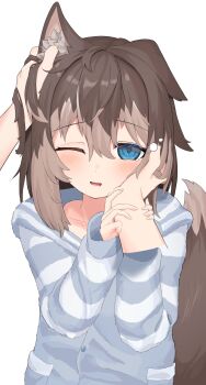 1girl absurdres animal_ears blue_eyes brown_hair caress caressing_cheek dog_ears dog_girl dog_tail fluffy_clothes grabbing_another&#039;s_arm hand_in_another&#039;s_hair hand_on_another&#039;s_cheek hand_on_another&#039;s_face hasuki_rui highres hood hooded_pajamas indie_virtual_youtuber long_sleeves looking_at_viewer medium_hair multicolored_hair one_eye_closed pajamas parted_lips pov pov_hands simple_background single_ear_down sleepy spice_(artist) squeans tail tears transparent_background two-tone_hair virtual_youtuber