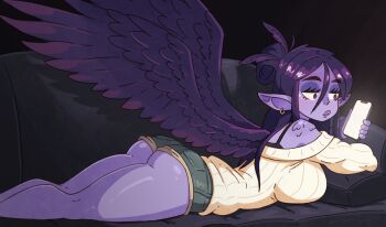 1girl bird_girl breasts cellphone closed_mouth colored_skin commentary commission couch ear_piercing english_commentary expressionless feathers from_side green_shorts hair_bun highres holding holding_phone large_breasts lips looking_at_phone lying makeup off-shoulder_sweater off_shoulder on_couch on_stomach original phone piercing pointy_ears purple_skin short_shorts shorts smartphone solo sweater velmoraart white_sweater