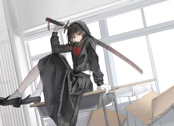 Rule 34 | 1girl, absurdres, black hair, black serafuku, black shirt, black skirt, blunt bangs, bochishiraita, bow, character request, desk, full body, highres, holding, holding sword, holding weapon, idolmaster, idolmaster (classic), katana, loafers, long skirt, looking at viewer, mouth hold, on desk, pleated skirt, red bow, red eyes, school uniform, serafuku, shirt, shoes, sitting, skirt, solo, sword, weapon