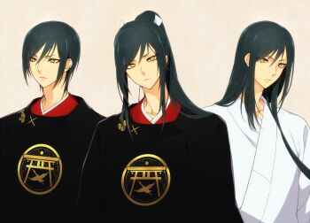 Rule 34 | 3boys, alternate hairstyle, black hair, brown background, commentary request, eyeliner, hair ribbon, japanese clothes, kariginu, kimono, long hair, looking at viewer, looking to the side, makeup, masami (souzou jinsei sanka), multiple boys, multiple persona, ponytail, red eyeliner, red kimono, ribbon, short hair, simple background, tarou tachi, touken ranbu, white kimono, white ribbon, yellow eyes