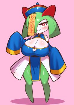 1girl absurdres breasts cleavage gen_3_pokemon highres humanization jiangshi jiangshi_costume kirlia large_breasts monster_girl nintendo oppai_loli pokemon pokemon_(creature) siglk solo
