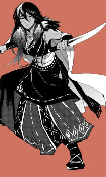 1girl bare_shoulders cape character_request closed_mouth commentary_request double-parted_bangs full_body greyscale_with_colored_background hair_between_eyes holding holding_sword holding_weapon jewelry kachidama long_hair looking_at_viewer necklace octopath_traveler red_background sandals shirt signature simple_background skirt sleeveless sleeveless_shirt socks solo standing sword weapon