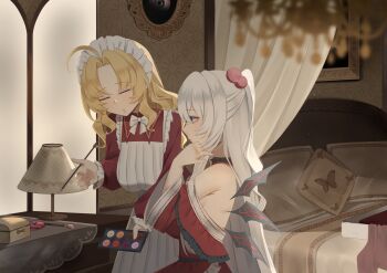 2girls absurdres adapted_costume apron bed black_choker blonde_hair blue_eyes bow bowtie breasts choker closed_eyes closed_mouth commentary cosmetics dress facing_viewer frilled_choker frills grey_hair hair_bobbles hair_ornament highres large_breasts long_hair long_sleeves maid maid_apron maid_headdress makeup_brush makeup_palette multiple_girls multiple_wings no_noru one_side_up red_dress red_shirt shinki_(touhou) shirt touhou touhou_(pc-98) white_apron white_bow white_bowtie wide_sleeves wings yumeko_(touhou)