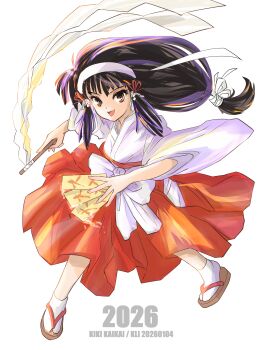 Rule 34 | 1girl, 2026, absurdres, black hair, brown eyes, commentary request, gohei, hair between eyes, hakama, headband, highres, holding, holding gohei, holding ofuda, japanese clothes, kiki kaikai (series), kimono, klixxxx, long hair, looking at viewer, low ponytail, miko, ofuda, oonusa, open mouth, ponytail, red hakama, sandals, sayo (kiki kaikai), sidelocks, simple background, solo, tabi, white background, white headband, white kimono, wide sleeves, zouri