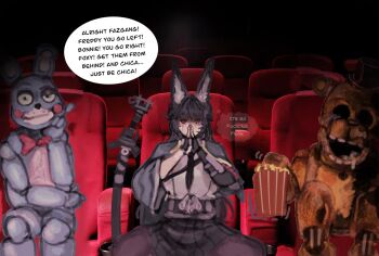 1girl 2others animal_ears animatronic black_hair black_necktie black_pantyhose black_skirt bow bowtie english_text fingerless_gloves five_nights_at_freddy's five_nights_at_freddy's_2 food fox_ears fox_girl gloves golden_freddy green_eyes highres hoshimi_miyabi it's_just_so_peak_(meme) long_hair meme movie_theater multiple_others necktie omgitsdestnoway pantyhose popcorn red_eyes sheath shirt skirt speech_bubble sword thought_bubble toy_bonnie weapon white_shirt wire zenless_zone_zero