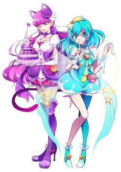 2girls absurdres animal_ear_fluff animal_ears anklet blue_eyes blue_footwear blue_hair blue_pantyhose blue_shorts blunt_bangs boots breasts cat_ears cat_tail choker cleavage collarbone cure_macaron cure_milky earrings elbow_gloves finger_to_mouth floating_hair food-themed_hair_ornament fork full_body gloves hagoromo_lala hair_between_eyes hair_ornament high_heel_boots high_heels highres holding holding_fork holding_plate in-franchise_crossover index_finger_raised jewelry kirakira_precure_a_la_mode kotozume_yukari long_hair macaron_hair_ornament medium_breasts mitsuki_tayura multiple_girls pantyhose parted_lips plate pointy_ears precure purple_choker purple_eyes purple_footwear purple_hair see-through_clothes see-through_sleeves short_sleeves shorts shushing simple_background single_leg_pantyhose smile standing star_(symbol) star_earrings star_twinkle_precure tail thigh_boots very_long_hair white_background white_gloves