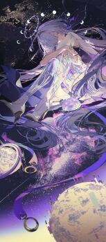 1girl absurdres hair_ornament hair_over_one_eye halo highres jewelry knees_up long_hair looking_at_viewer moon mornye_(wuthering_waves) purple_eyes ring see-through_body sky solo star_(sky) starry_sky tacet_mark_(wuthering_waves) very_long_hair white_hair wuthering_waves z3zz4