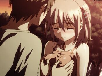 1boy 1girl animated animated_gif bad_tag black_hair blonde_hair blush breasts closed_eyes covered_erect_nipples faceless faceless_male grabbing_another&#039;s_breast groping hairdressing happy helmet jellyfish_(company) kamimura_chika lowres medium_breasts nipple_stimulation nipple_tweak nipples rubbing_breasts shy sisters_~natsu_no_saigo_no_hi~ spaghetti_strap