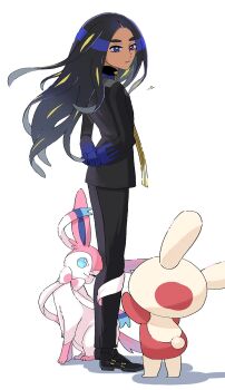 1girl arms_behind_back black_footwear black_hair black_jacket black_pants blue_eyes blue_gloves blue_shirt dark-skinned_female dark_skin eyelashes geeta_(pokemon) gen_3_pokemon gen_6_pokemon gloves highres jacket long_hair looking_to_the_side lvetica neck_ribbon nintendo pants pokemon pokemon_(creature) pokemon_sv ribbon shirt shoes simple_background spinda standing sylveon white_background yellow_pupils yellow_ribbon