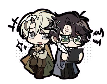 2boys ashaoguant60501 blue_robe chibi closed_mouth crossed_arms draco_malfoy full_body glasses green_eyes grey_eyes hair_between_eyes harry_potter harry_potter_(series) lightning_bolt_symbol looking_at_object looking_at_viewer male_focus multiple_boys open_mouth quill robe scar scar_on_face scar_on_forehead simple_background standing white_background wizarding_world writing