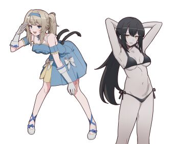 Rule 34 | 2girls, armpits, arms behind head, bikini, black bikini, black hair, blonde hair, blue hairband, breasts, breasts apart, dandelion (girls' frontline), girls' frontline, girls' frontline 2: exilium, gloves, hairband, highres, long hair, looking at viewer, loveu, multiple girls, navel, official alternate costume, open mouth, shoes, side-tie bikini bottom, side ponytail, simple background, smile, stomach, swimsuit, teeth, toned, toned female, upper teeth only, vepley (girls' frontline 2), vepley (summer echoes) (girls' frontline 2), white background, white gloves, white mouth, white shoes, yellow eyes