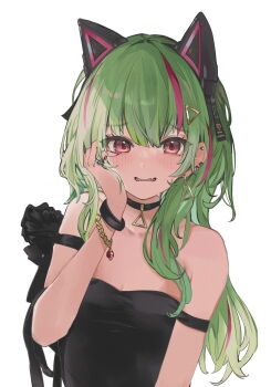 1girl animal_ear_headphones animal_ears appleseed_(appleseed_art) bare_shoulders black_choker black_dress blush bracelet breasts cat_ear_headphones cat_ears choker cleavage collarbone commentary_request delutaya dress ear_piercing fake_animal_ears fang fingernails grey_hair hair_ornament hand_on_own_cheek hand_on_own_face headphones highres indie_virtual_youtuber jewelry long_hair looking_at_viewer multicolored_hair nail_polish open_mouth piercing pink_eyes pink_hair pink_nails revision ring sleeveless sleeveless_dress solo streaked_hair sweat triangle_hair_ornament two-tone_hair virtual_youtuber wristband