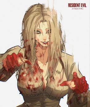 blonde_hair blood blood_from_mouth blood_on_clothes blood_on_mouth bloody_clothes bloody_dress crazy_eyes crazy_smile dress hallojigsawpanda highres makeup resident_evil resident_evil_requiem runny_makeup selena_corey smile wide_mouth zombie