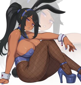 1girl absurdres animal_ear_fluff animal_ears areola_slip arm_support black_hair black_pantyhose blue_hairband blue_leotard blue_nails blue_shoes breasts commentary commission covered_erect_nipples dakarai_(cert) dark-skinned_female dark_skin english_commentary fishnet_pantyhose fishnets from_side gold_trim hairband heart high_heels highres large_breasts leotard looking_at_viewer melonpuff nail_polish original pantyhose parted_bangs parted_lips platform_shoes playboy_bunny ponytail purple_eyes rabbit_ears rabbit_girl rabbit_tail shoes sidelocks sitting strappy_heels tail very_long_fingernails white_wrist_cuffs wrist_cuffs zoom_layer