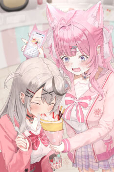 1girl absurdres ahoge animal_ears black_hair bow breasts cellphone closed_eyes commentary_request dot_nose ear_piercing food fruit grey_hair hair_between_eyes hair_ornament hakui_koyori hakui_koyori_(school_uniform) heart heart_hair_ornament highres holding holding_ice_cream_cone holding_spoon hololive ice_cream_cone kokoro_(hakui_koyori) large_breasts long_hair long_sleeves looking_at_another multicolored_hair nail_polish official_alternate_costume open_mouth phone piercing pink_hair pink_nails puffy_sleeves purple_eyes red_bow red_nails sakamata_chloe sakamata_chloe_(gyarumata) skirt smartphone spoon star_(symbol) strawberry tail takion virtual_youtuber wolf_ears wolf_girl wolf_tail x_hair_ornament