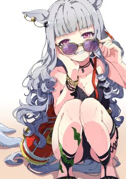 1girl absurdres adjusting_eyewear animal_ears black_one-piece_swimsuit black_sand blunt_bangs bracelet breasts casual_one-piece_swimsuit cleavage collarbone curly_hair ear_ornament full_body gold_ship_(run_revolt_launcher)_(umamusume) gold_ship_(umamusume) grey_hair grin hand_on_eyewear hand_on_own_cheek hand_on_own_face highres horse_ears horse_girl jewelry komeko97 large_breasts long_hair looking_at_viewer necklace octopus official_alternate_costume one-piece_swimsuit purple-tinted_eyewear purple_eyes seaweed smile solo squatting sunglasses swimsuit tinted_eyewear umamusume water_gun wet white_background